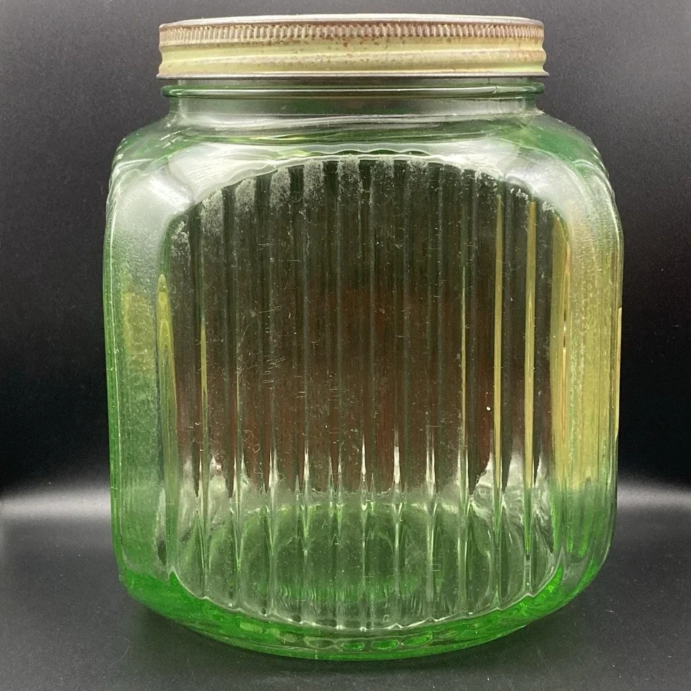 Vtg Anchor Hocking Jar Hoosier Ribbed Green Uranium Co-Op Coffee Sugar Label #2